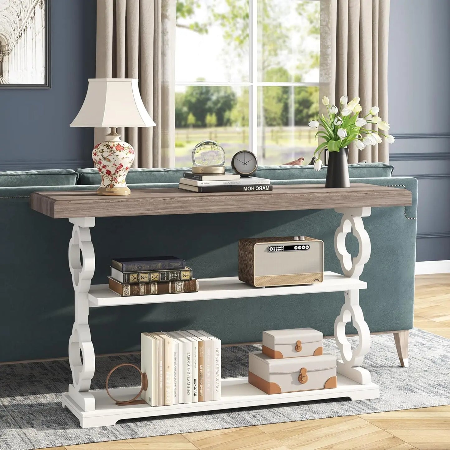 LITTLE TREE Farmhouse Console Table With Storage Shelves