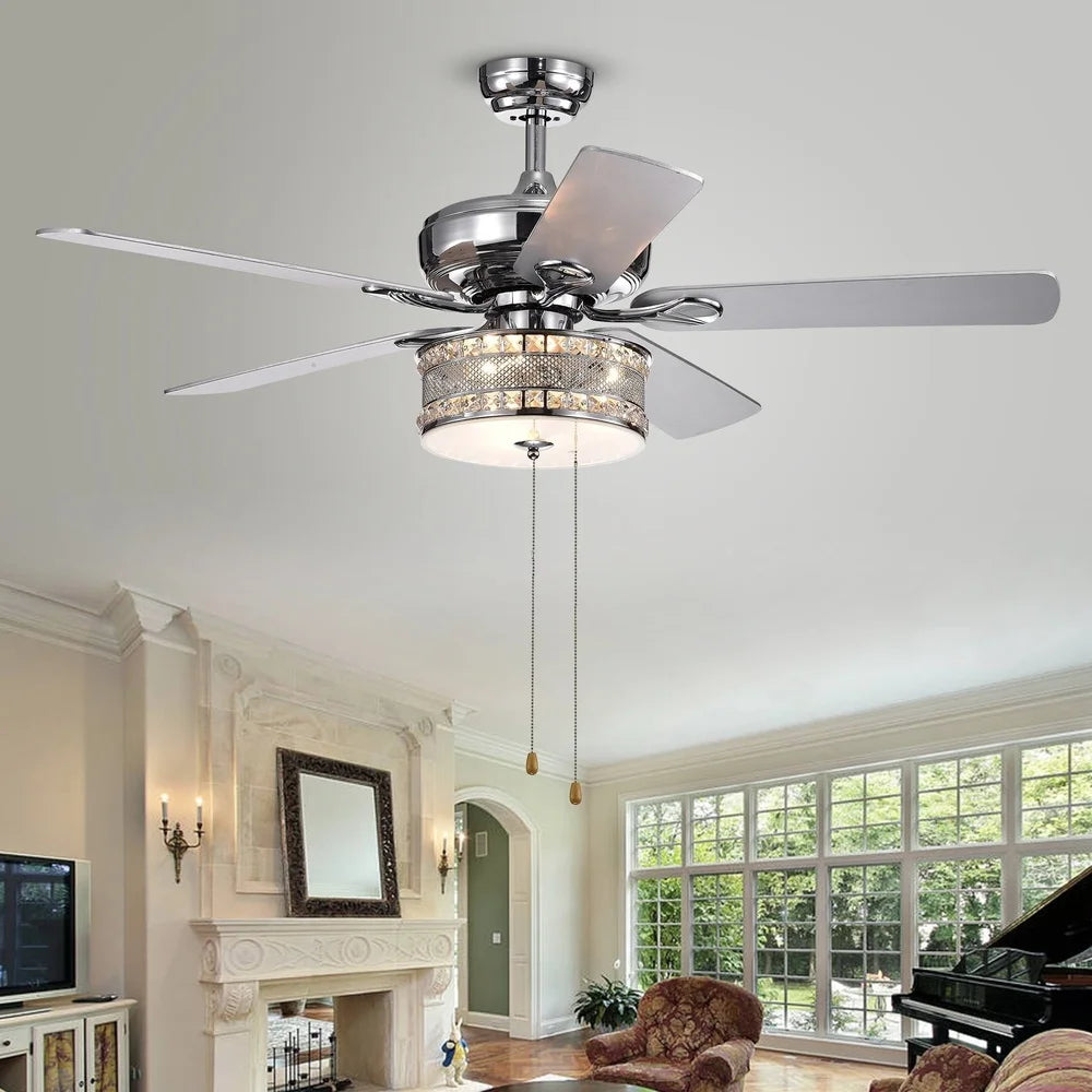 XMSJ Modern 5 Blade Chrome Ceiling Fan Crystal Light