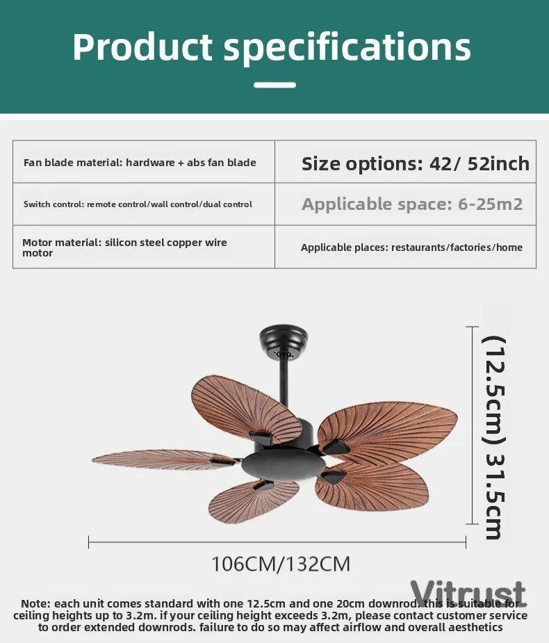 VITRUST Industrial Ceiling Fan No Light Retro Palm Leaf Blades
