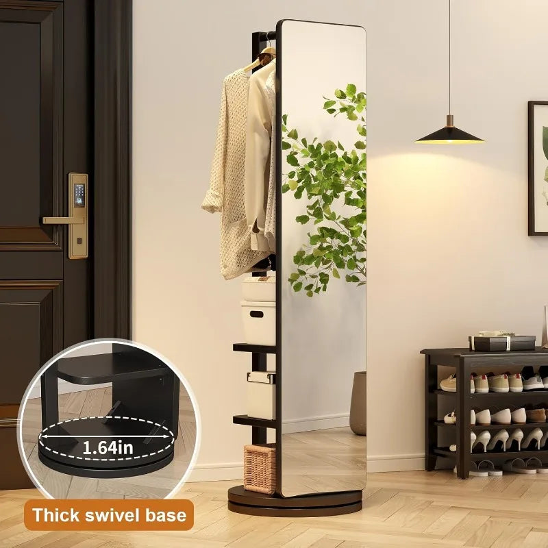 OEING Full Length Mirror With Coat Rack Solid Wood Standing