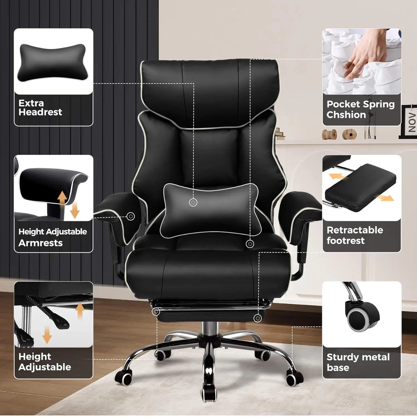 COMHOMA Ergonomic Leather Executive Chair With Lumbar Support