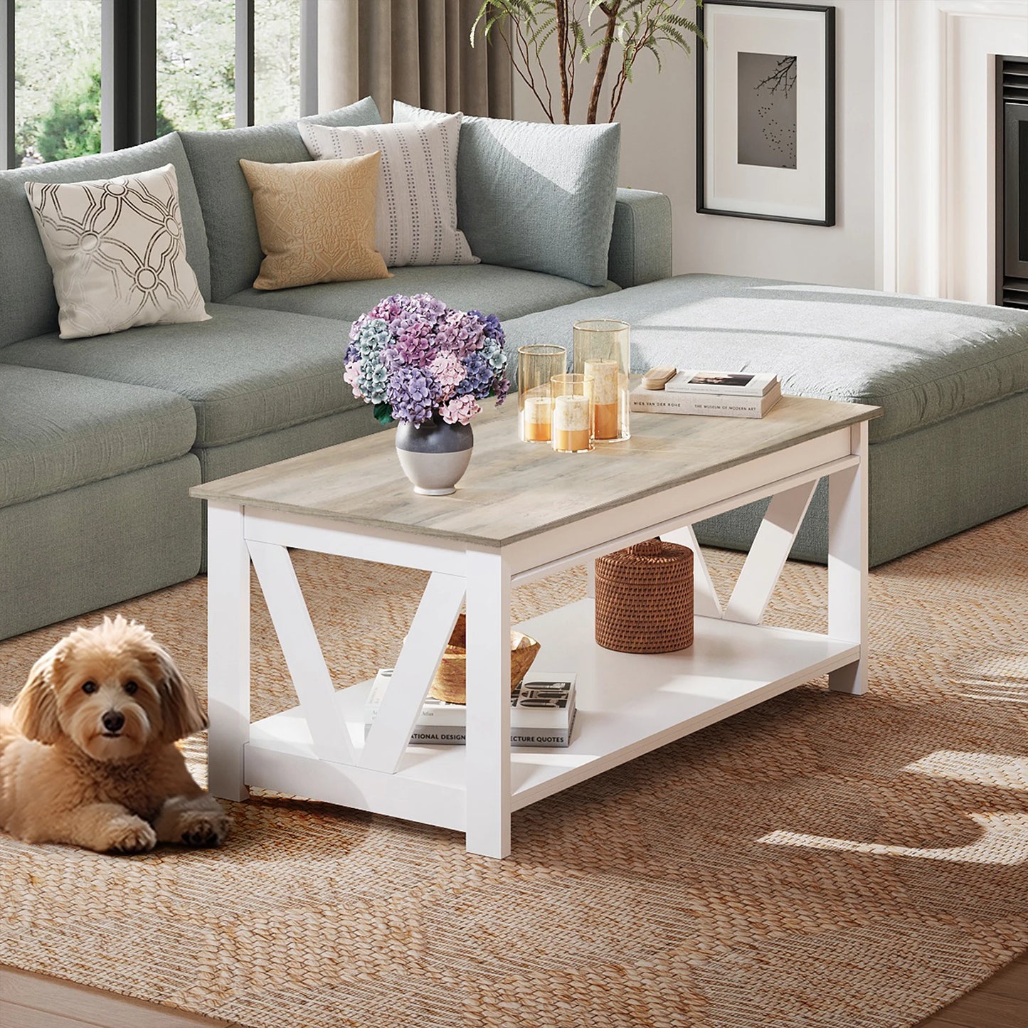 GALAXHERO Coffee Table With Storage Shelf V Shaped Support