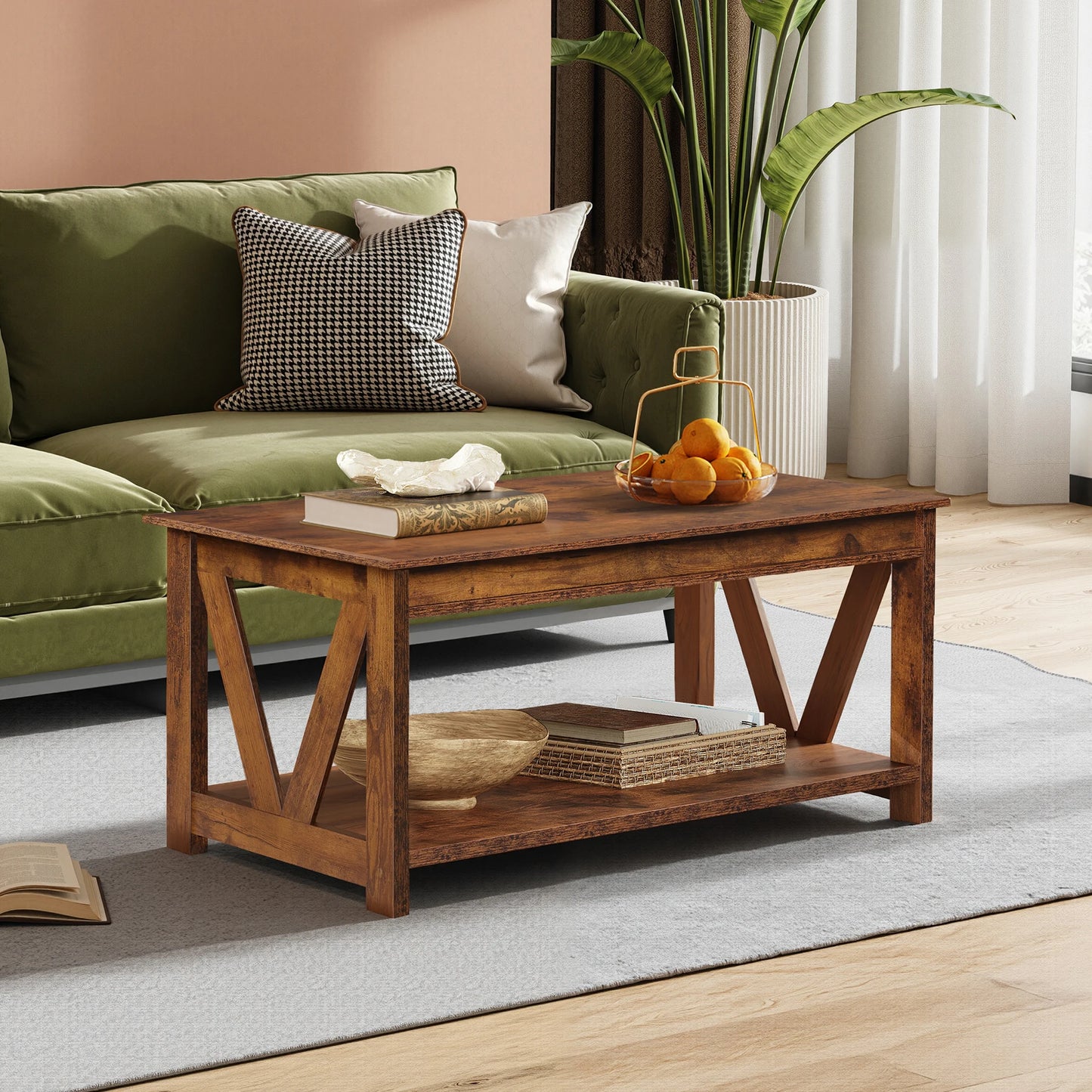 GALAXHERO Coffee Table With Storage Shelf V Shaped Support