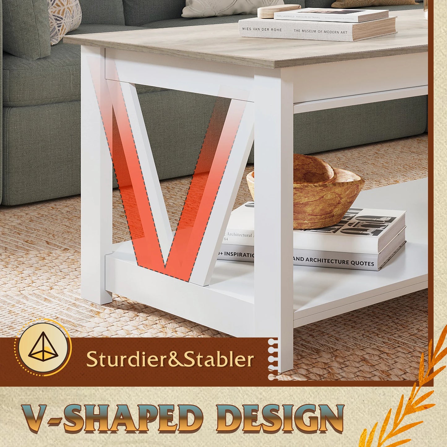 GALAXHERO Coffee Table With Storage Shelf V Shaped Support