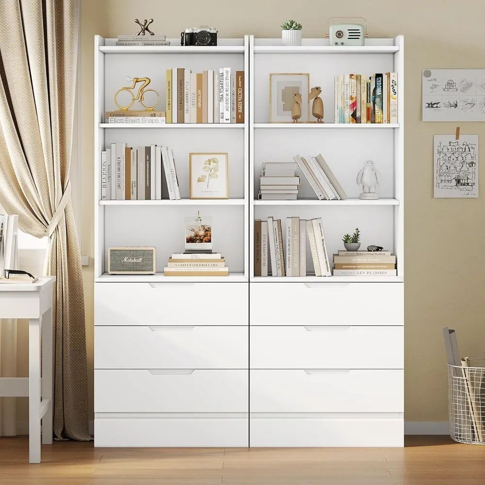 Bookcase Set Of 2 With 3 Drawers And Adjustable Shelves