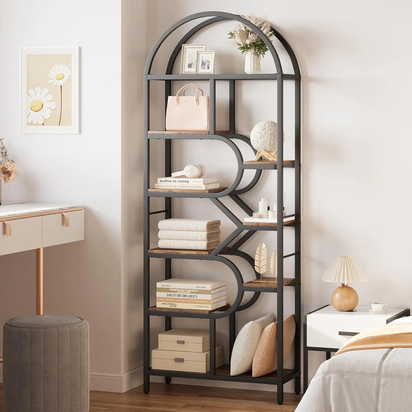 6 Tier Arched Bookshelf Geometric Open Storage Metal Frame