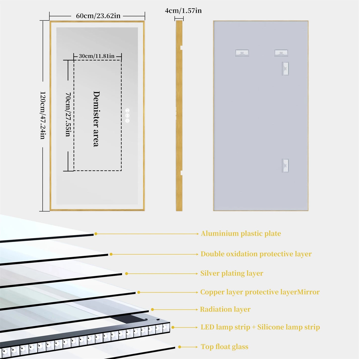 Smart LED Bathroom Mirror Demister Touch Sensor Gold Brushed Brass Frame Anti-Fog Vanity Wall Mirror 3 Sizes