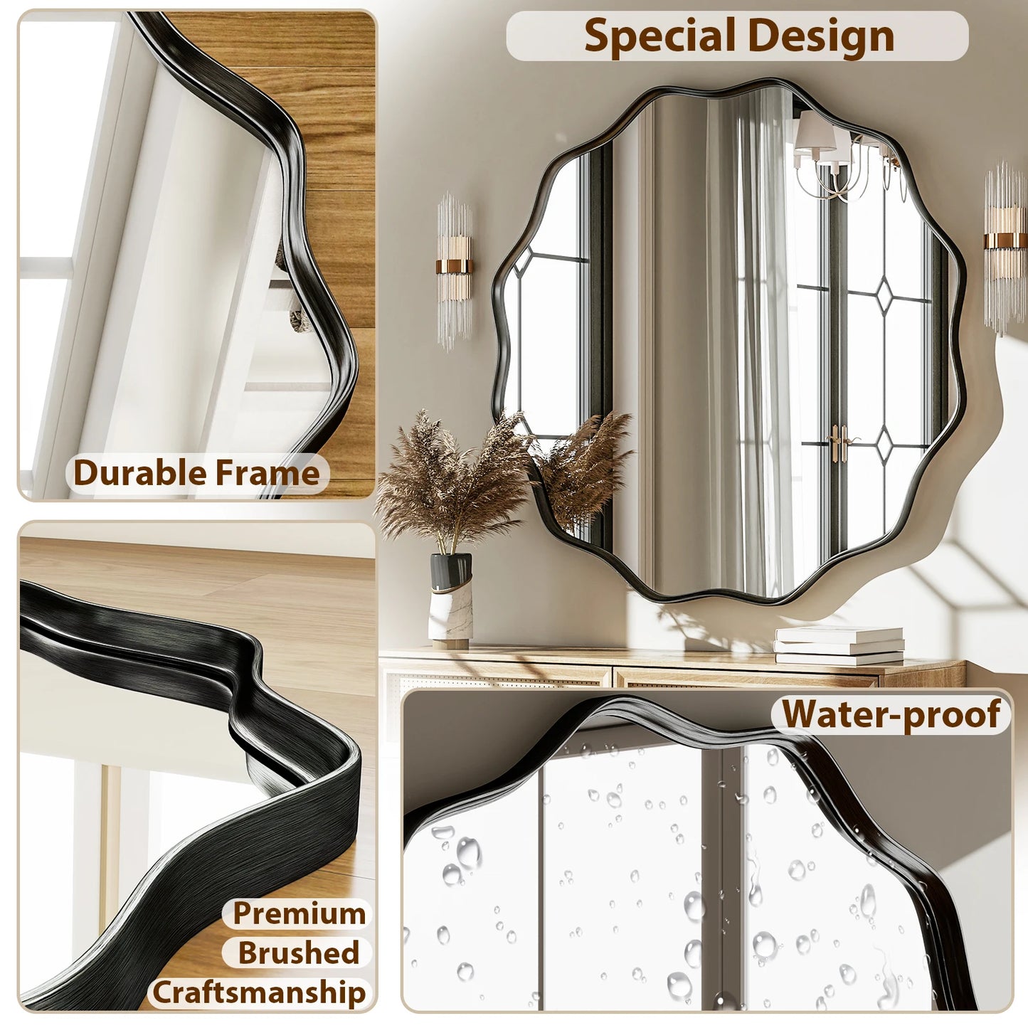 Beautypeak Wavy Round Bathroom Mirror With Deep Frame