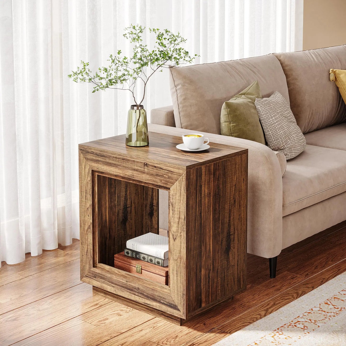 Tribesigns Rustic Wood End Table With Storage Shelf