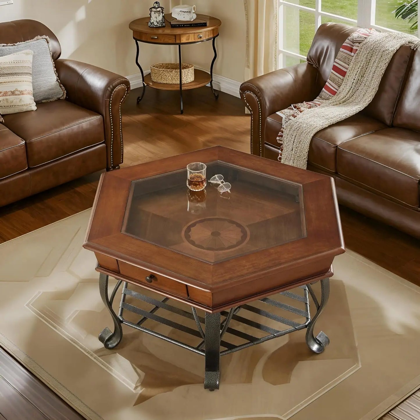 Guangbai 2 Tier Hexagon Wood Coffee Table With Metal Legs