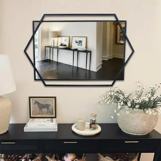 Dutrieux Hexagon Rectangular Black Metal Frame Wall Mirror Decor