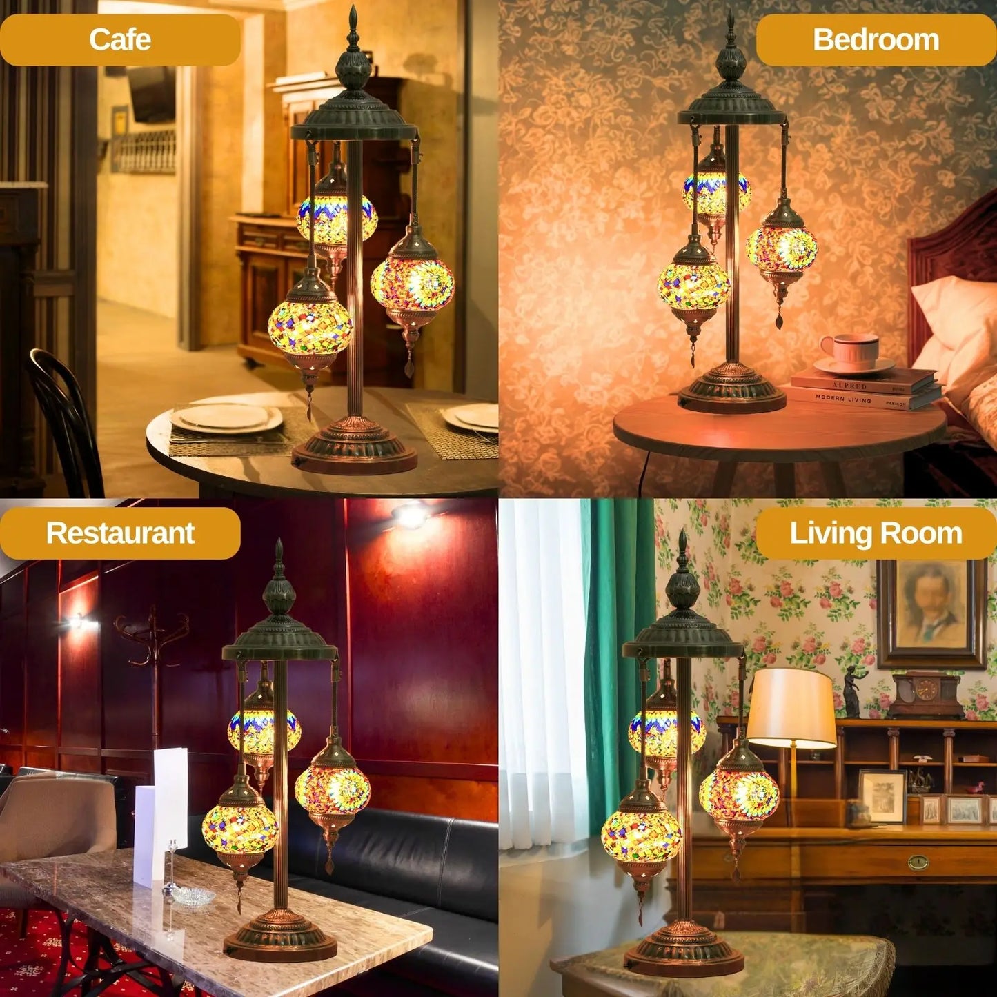 Turkish Mosaic Table Lamp With Three Handmade Glass Globes