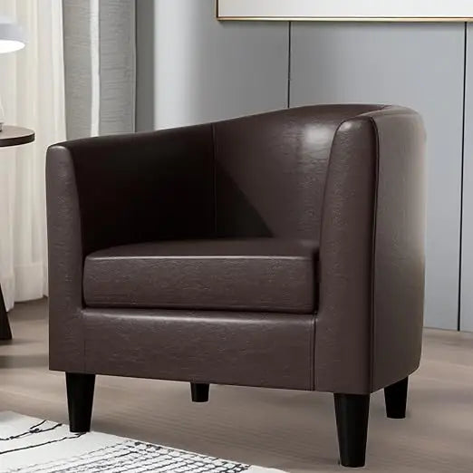 Barrel Leather Accent Chair With Solid Wood Legs Padded Seat
