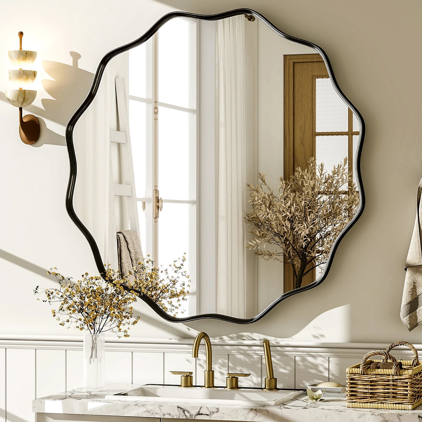 Beautypeak Wavy Round Bathroom Mirror With Deep Frame