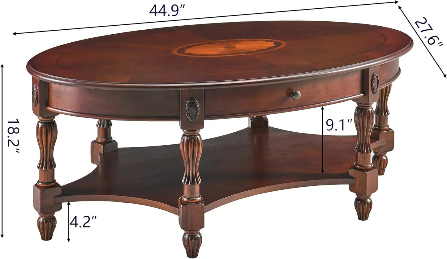 XMSJ Oval Coffee Table Cherry Solid Wood With Storage Drawer