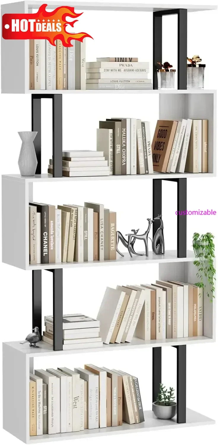 XMSJ 5 Tier Geometric S Shape Wood Bookcase Freestanding Shelves