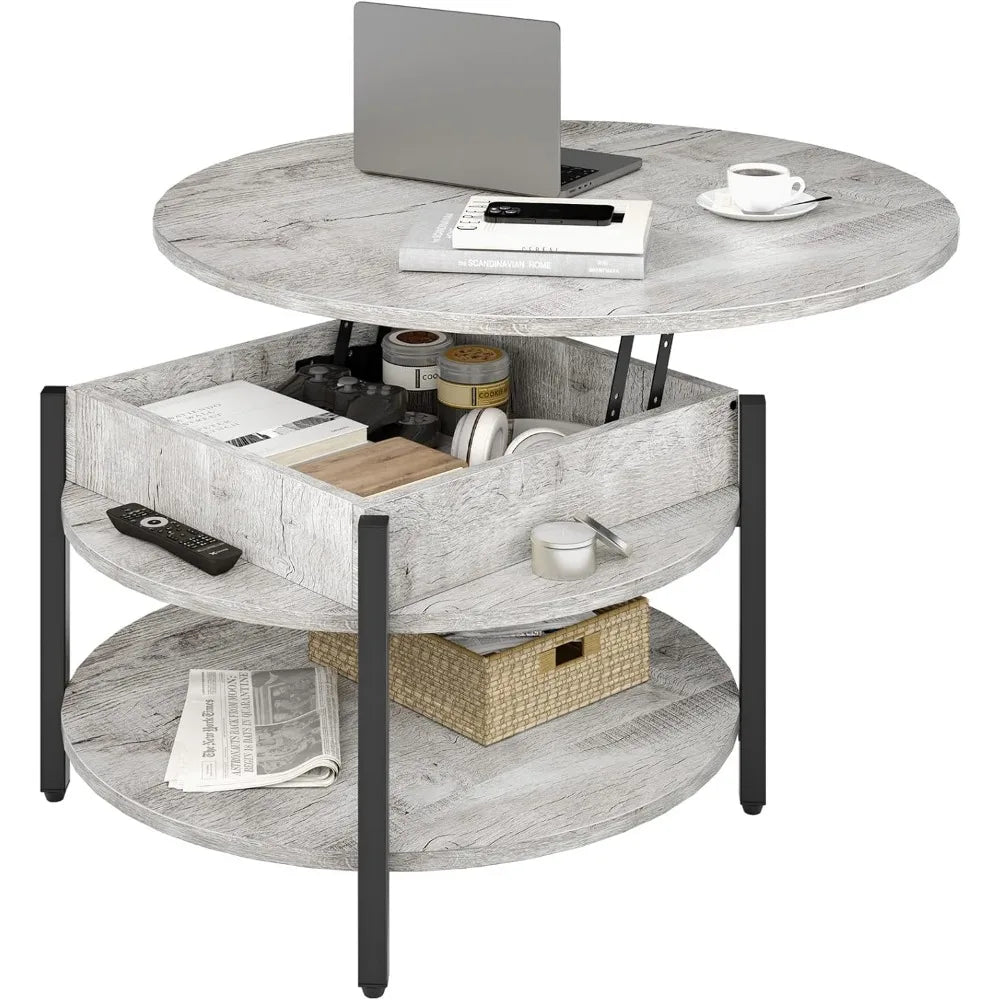 Round Lift Top Coffee Table With Storage Farmhouse 2 Tier