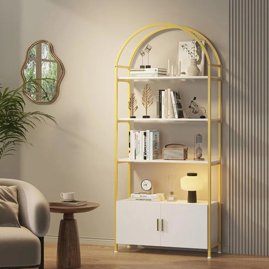 TANGXU Arched Bookshelf With Doors Metal Frame Shelving