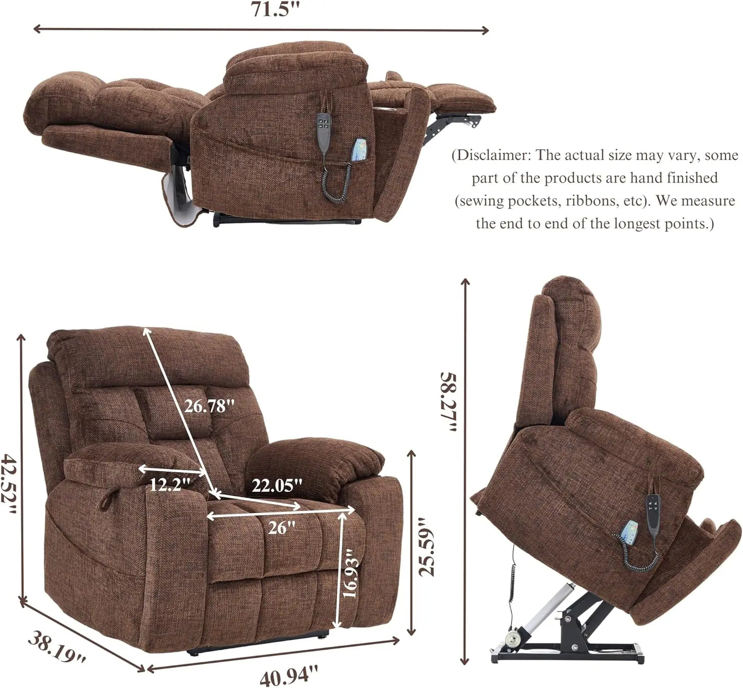 Oversized Power Lift Recliner With Heat Massage Cupholders