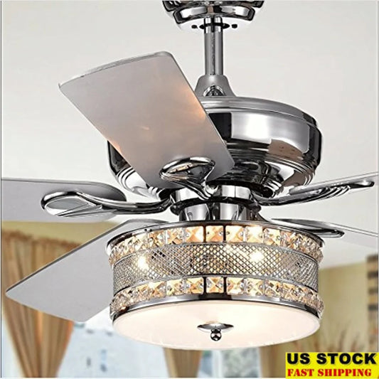 XMSJ Modern 5 Blade Chrome Ceiling Fan Crystal Light