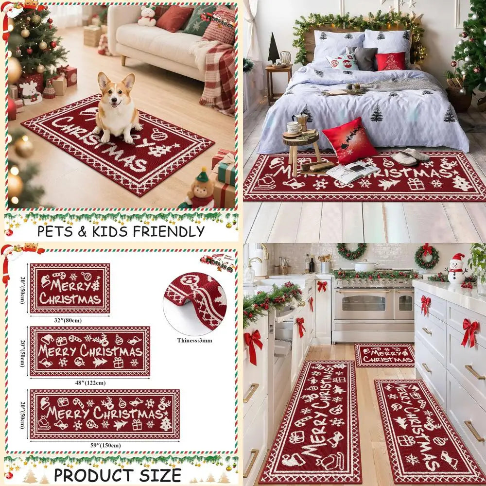 High-concerned Christmas Kitchen Rug Set Non-Skid Farmhouse