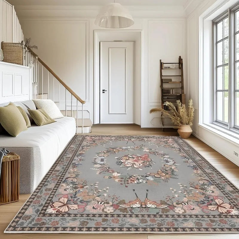 Vintage Living Room Butterfly Floral Area Rug Non Slip Soft Tapis