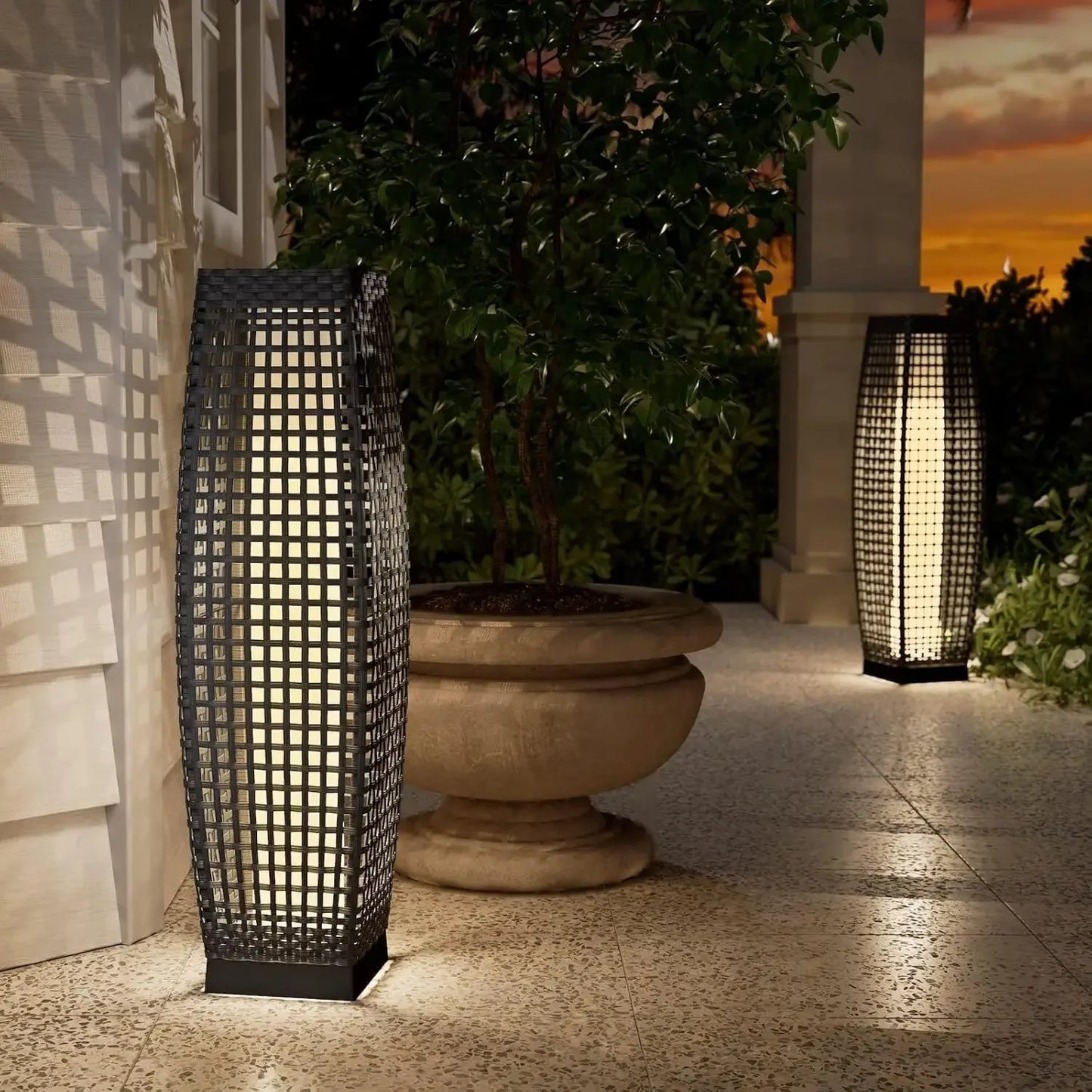 Cindy Outdoor Solar Powered Woven Wicker Lantern Floor Lamp