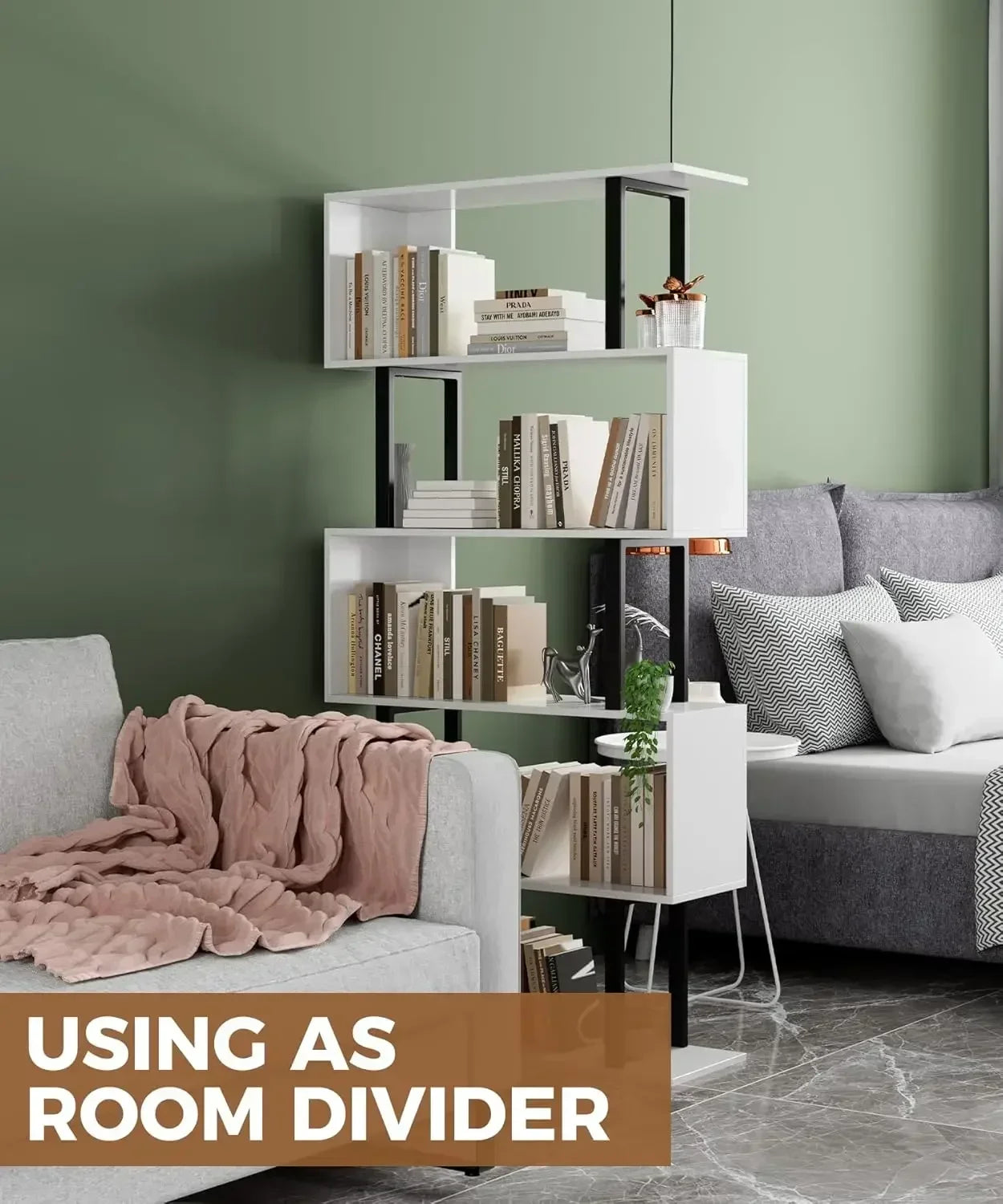 XMSJ 5 Tier Geometric S Shape Wood Bookcase Freestanding Shelves