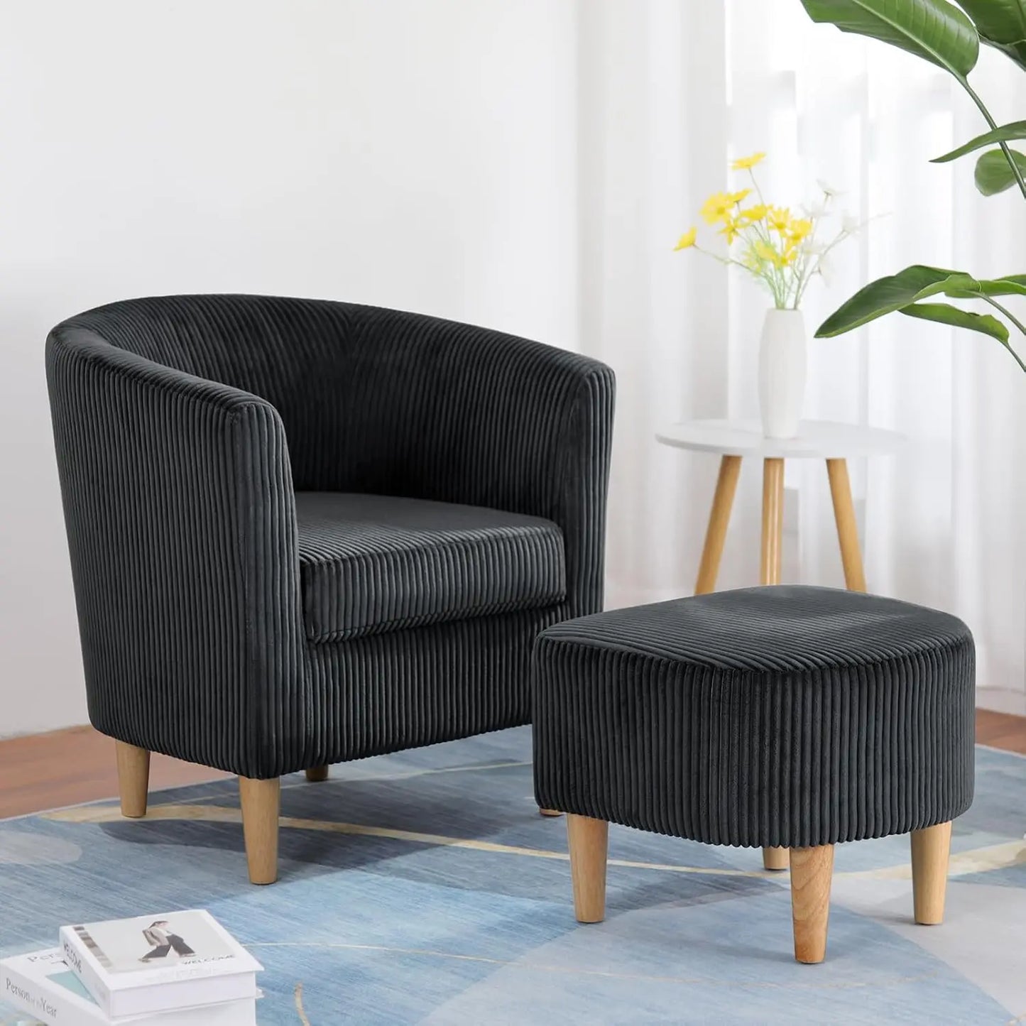Ticify Accent Barrel Chair With Ottoman Corduroy Midcentury