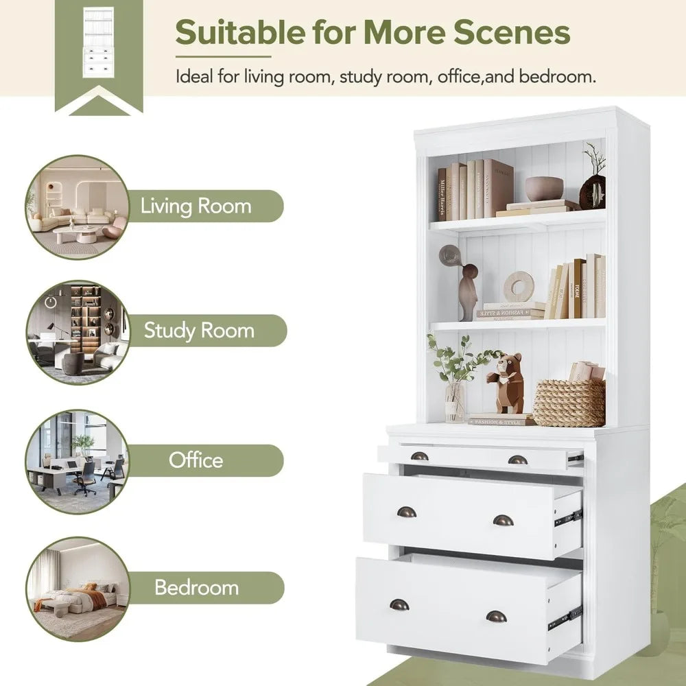 Modern Tall Bookcase With LED Lighting Drawers Shelves