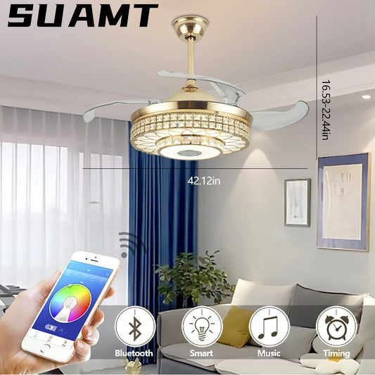 Eatssode Modern Crystal Ceiling Fan with LED Bluetooth Speaker