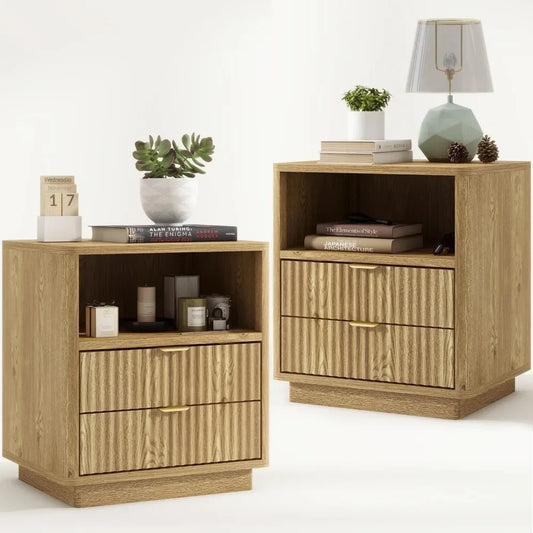 ANGDUO Fluted Nightstands Set Of 2 Wooden Bedside Tables