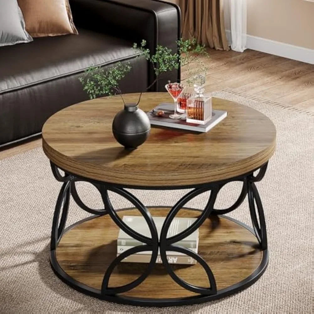 ANGDUO Round Coffee Table With Storage 2 Tier Center Table