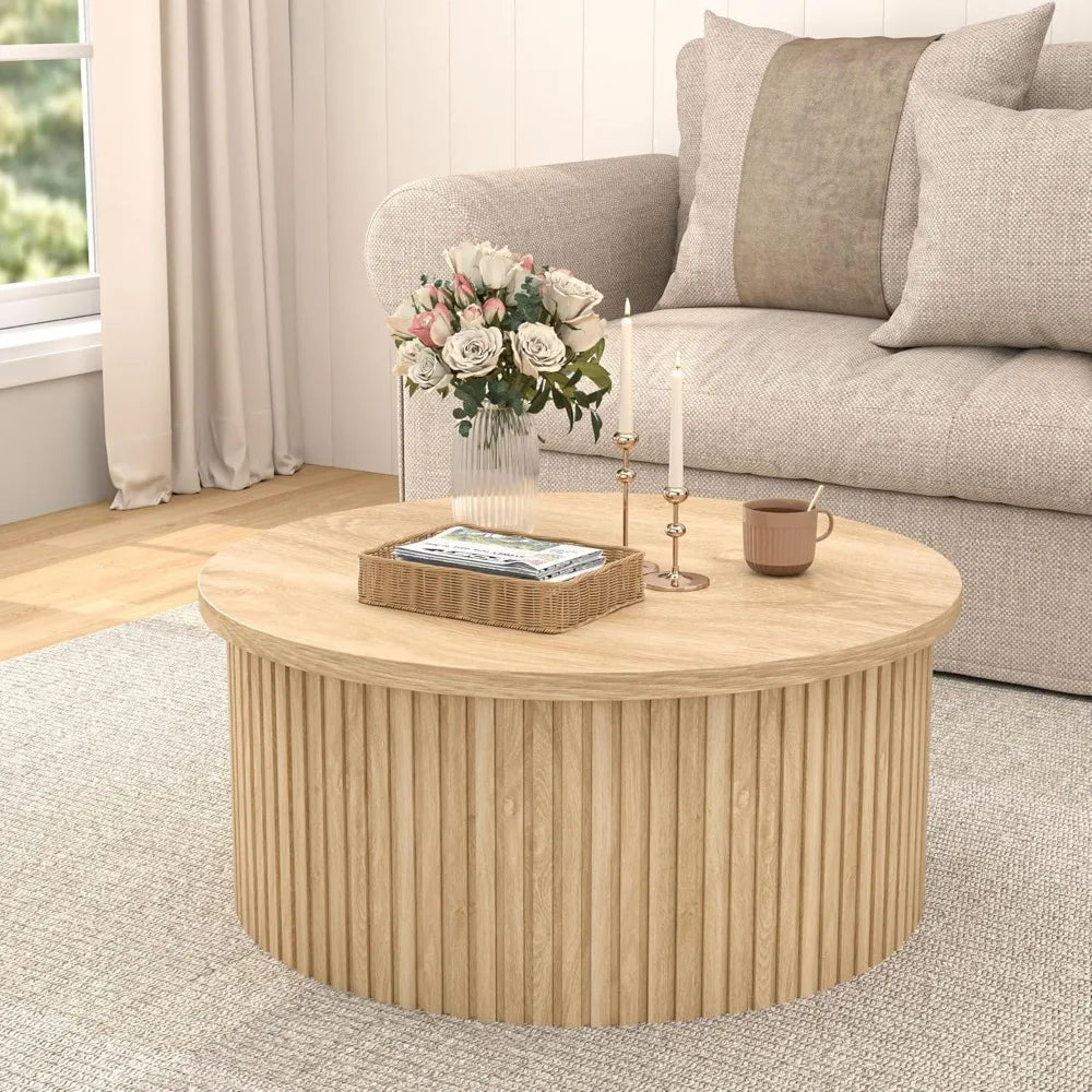 Farmhouse Round Fluted Lift Top Coffee Table With Storage