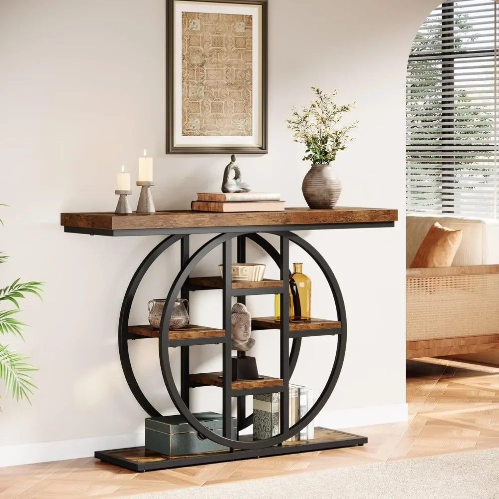 Hign Concerned Industrial Console Table With Circle Shelves