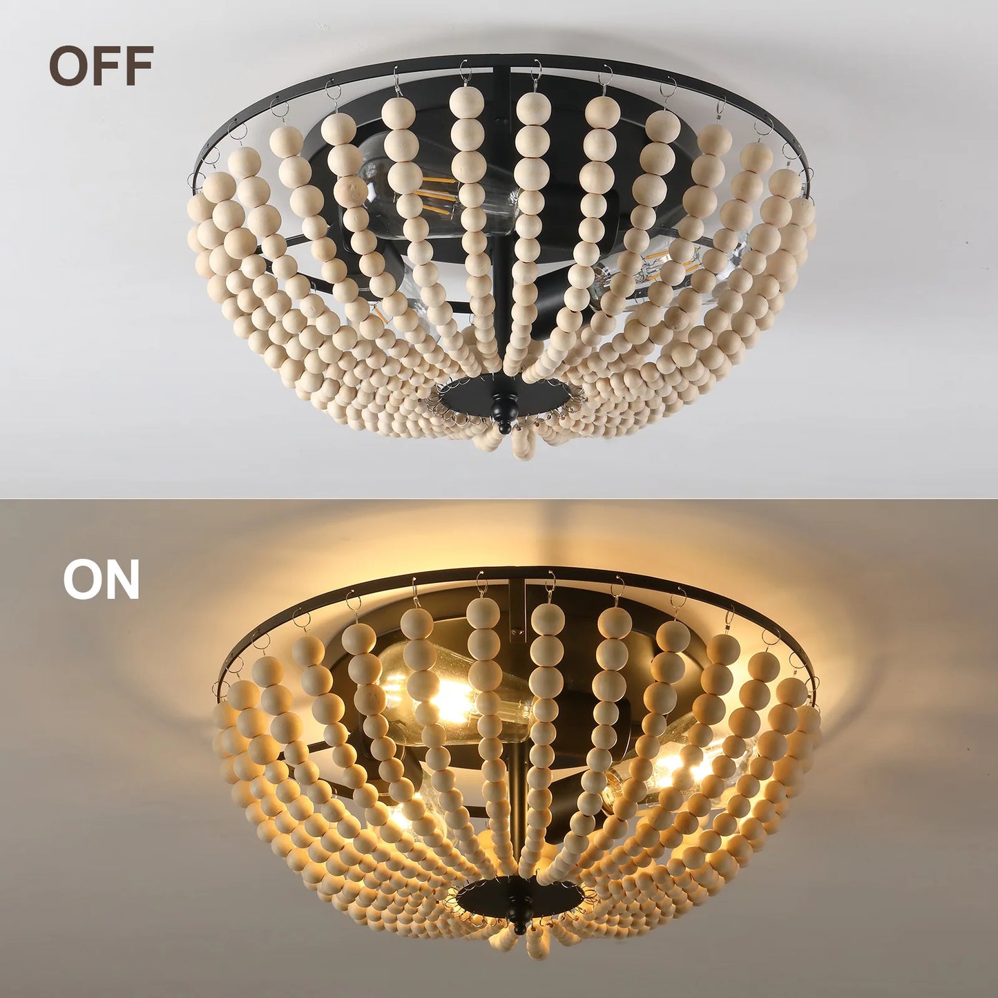 Boho 3 Light Flush Mount Wood Bead Ceiling Fixture