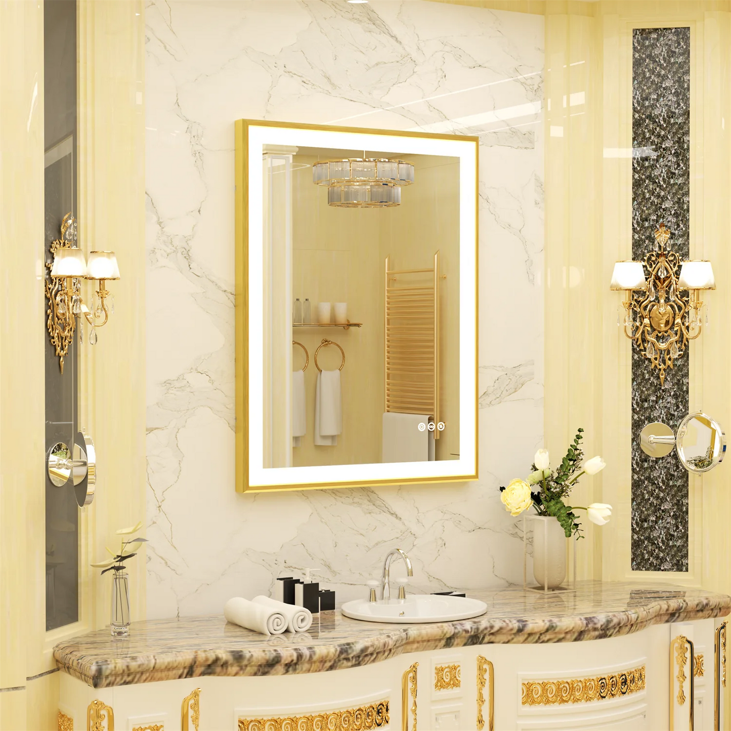 Smart LED Bathroom Mirror Demister Touch Sensor Gold Brushed Brass Frame Anti-Fog Vanity Wall Mirror 3 Sizes