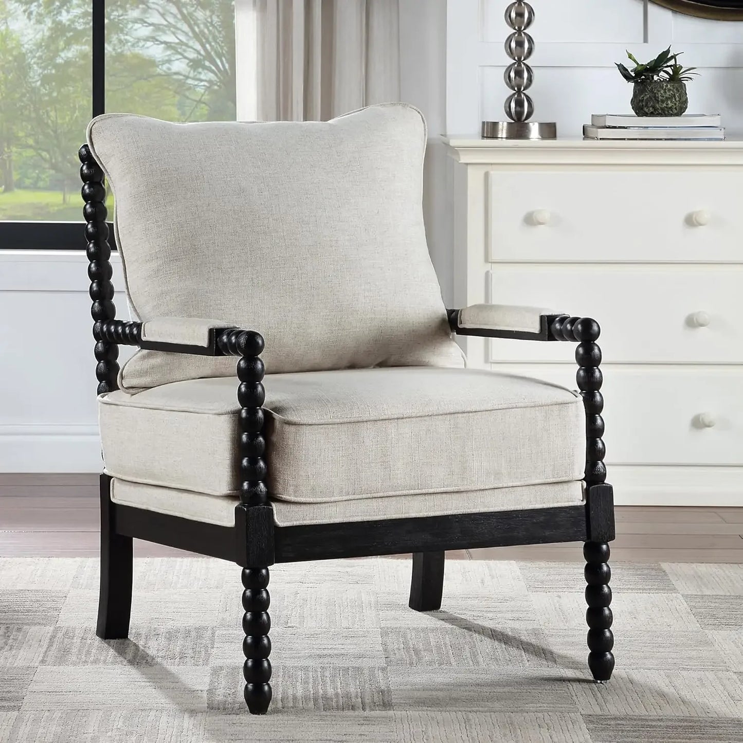 ANGDUO Linen Spindle Accent Chair With Wood Frame Cushion
