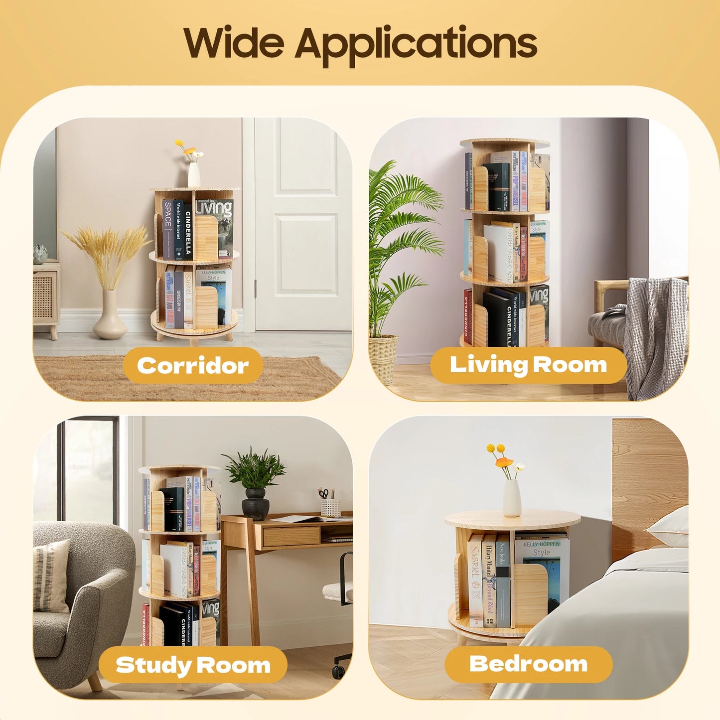 Finishes Rotatable Wooden Bookcase 1 To 6 Tiers Floor Stand