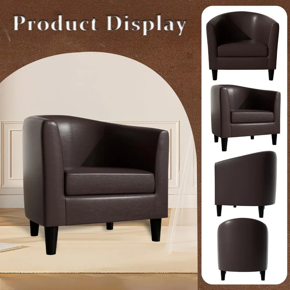 Barrel Leather Accent Chair With Solid Wood Legs Padded Seat