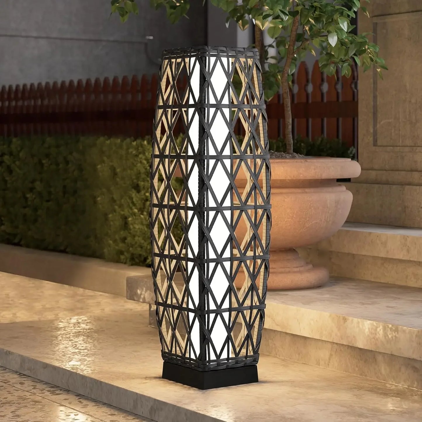 Cindy Outdoor Solar Powered Woven Wicker Lantern Floor Lamp
