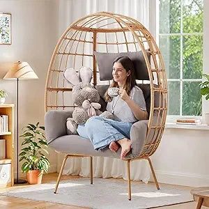 MKDK Oversized Rattan Egg Chair Indoor Wicker Lounger