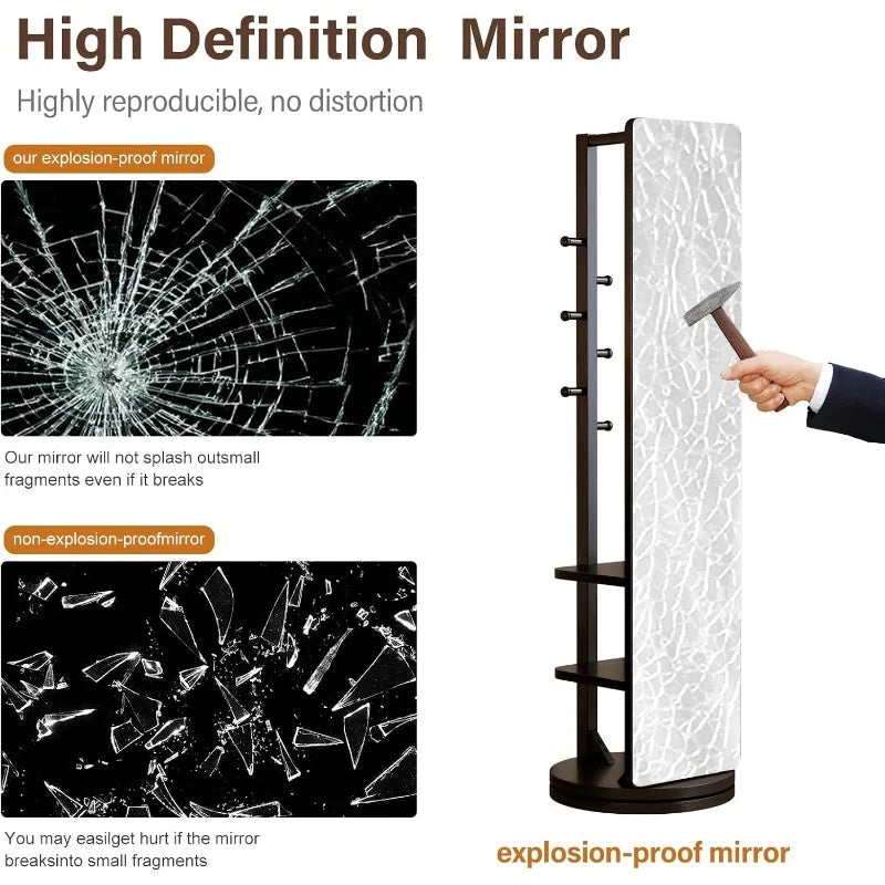 OEING Full Length Mirror With Coat Rack Solid Wood Standing