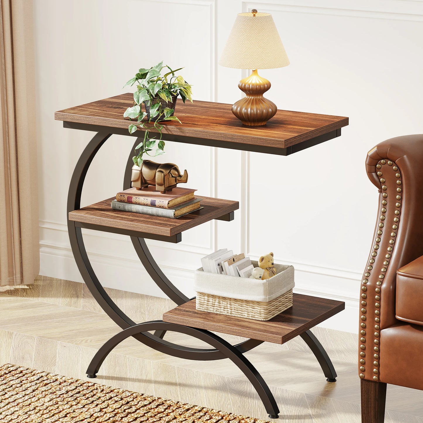 Tribesigns C Shaped End Table Industrial 3 Tier Sofa Table