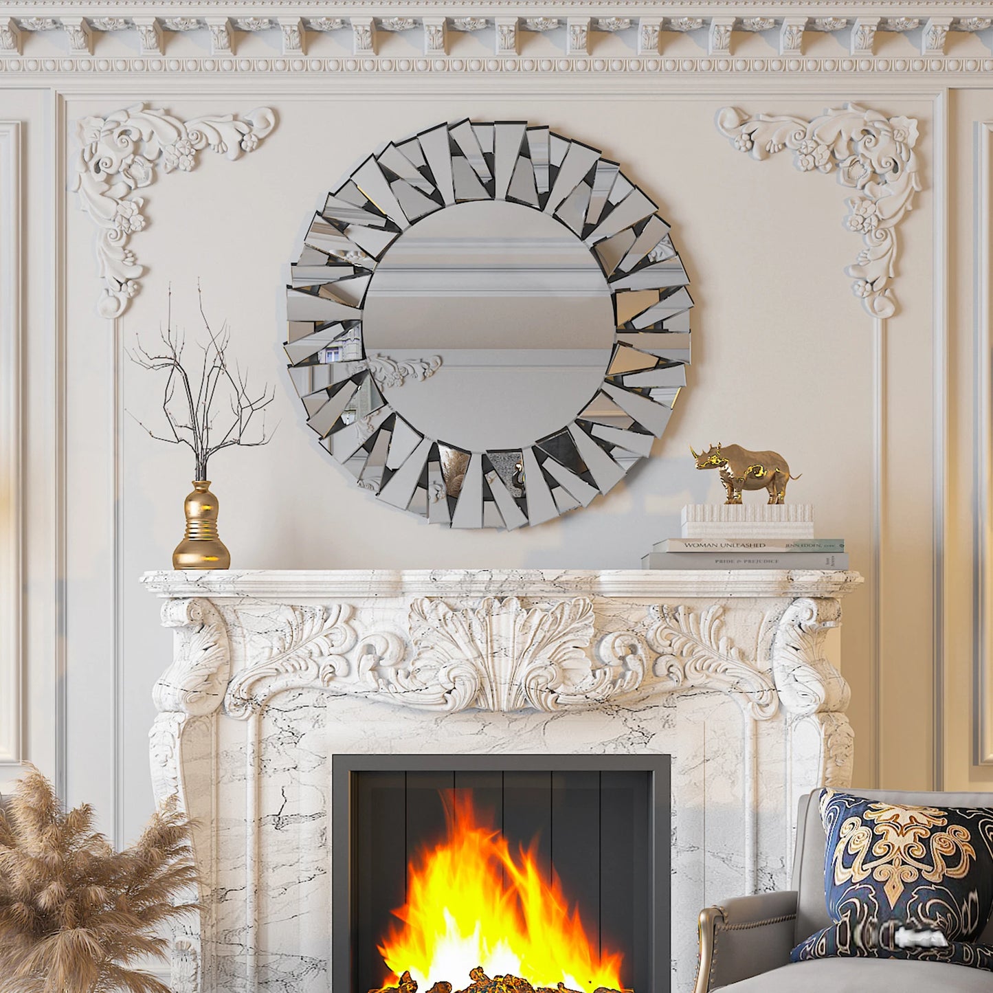 Wisfor Sunburst Round Wall Mirror Modern Beveled Glass