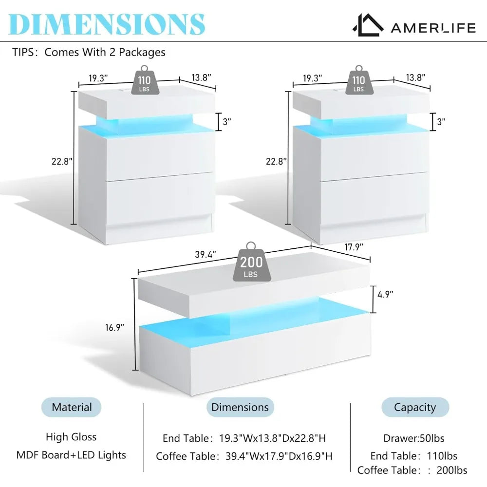 High Gloss 3 Piece LED Coffee Table Set With End Tables