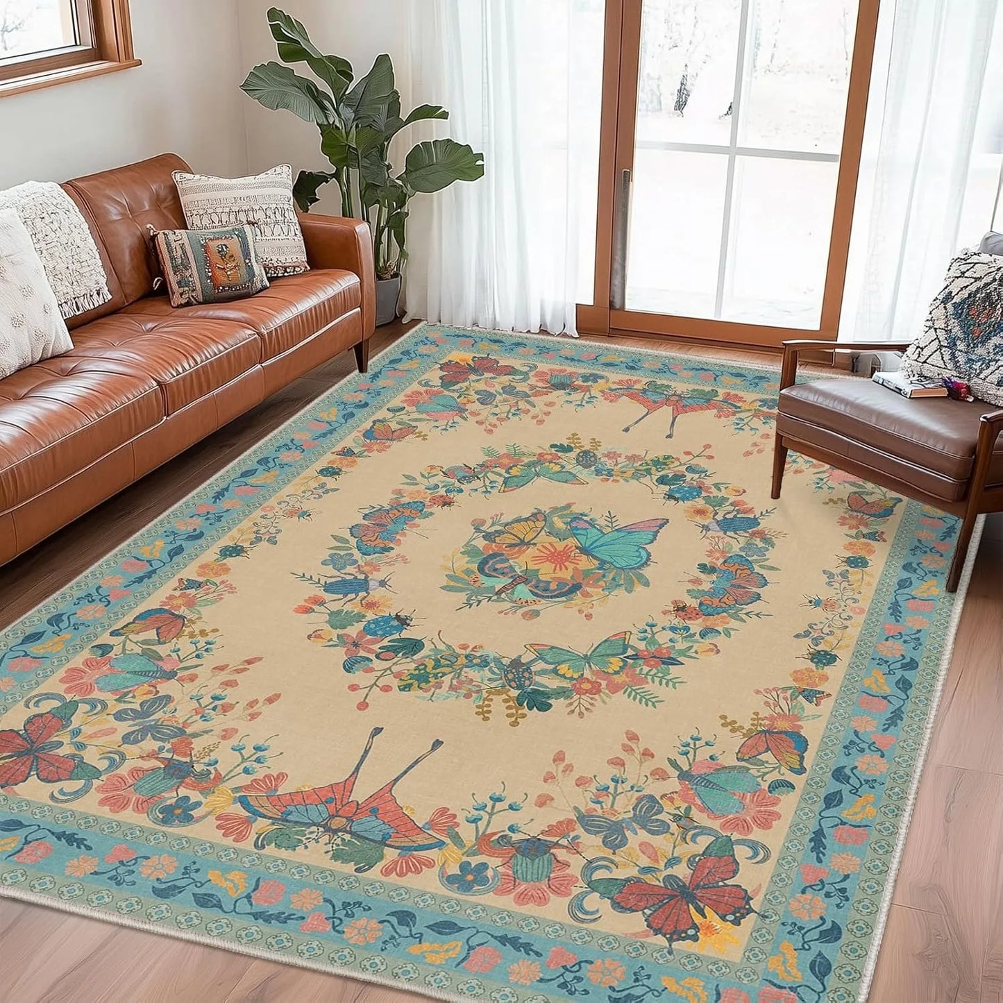 Vintage Living Room Butterfly Floral Area Rug Non Slip Soft Tapis