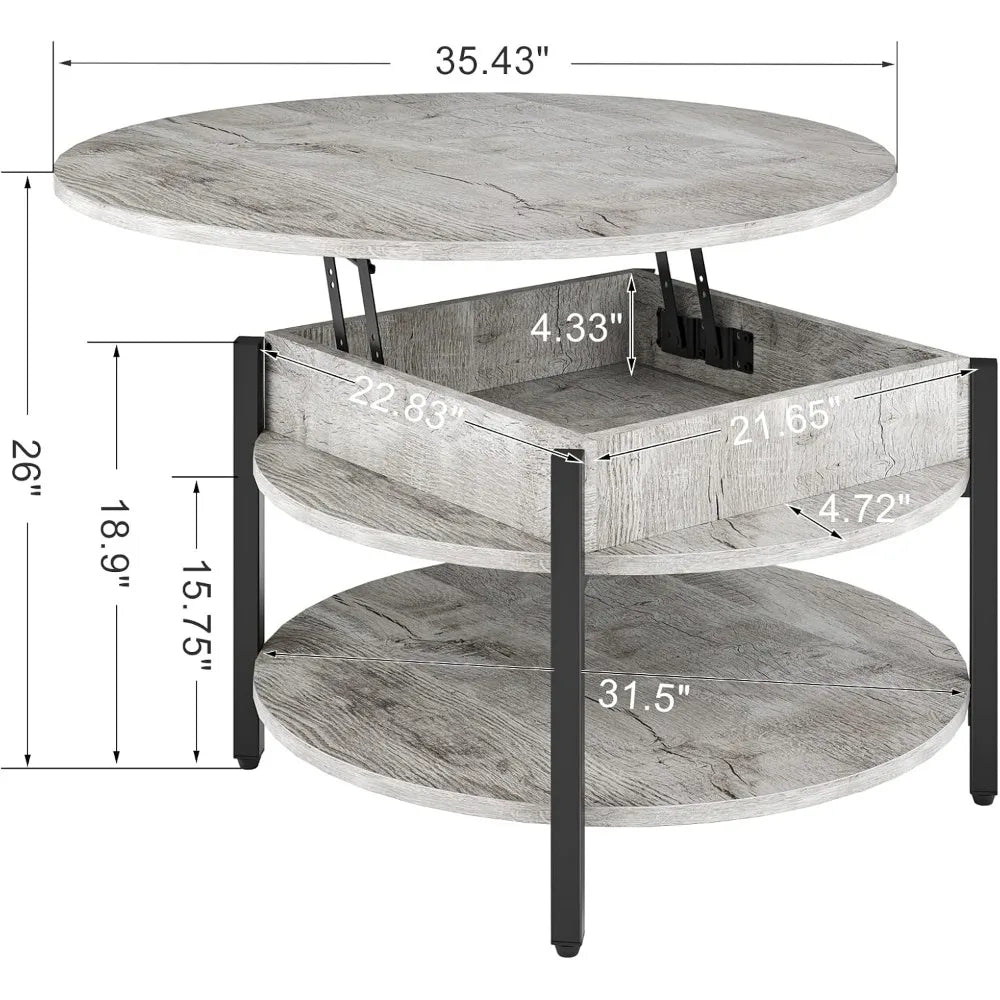 Round Lift Top Coffee Table With Storage Farmhouse 2 Tier