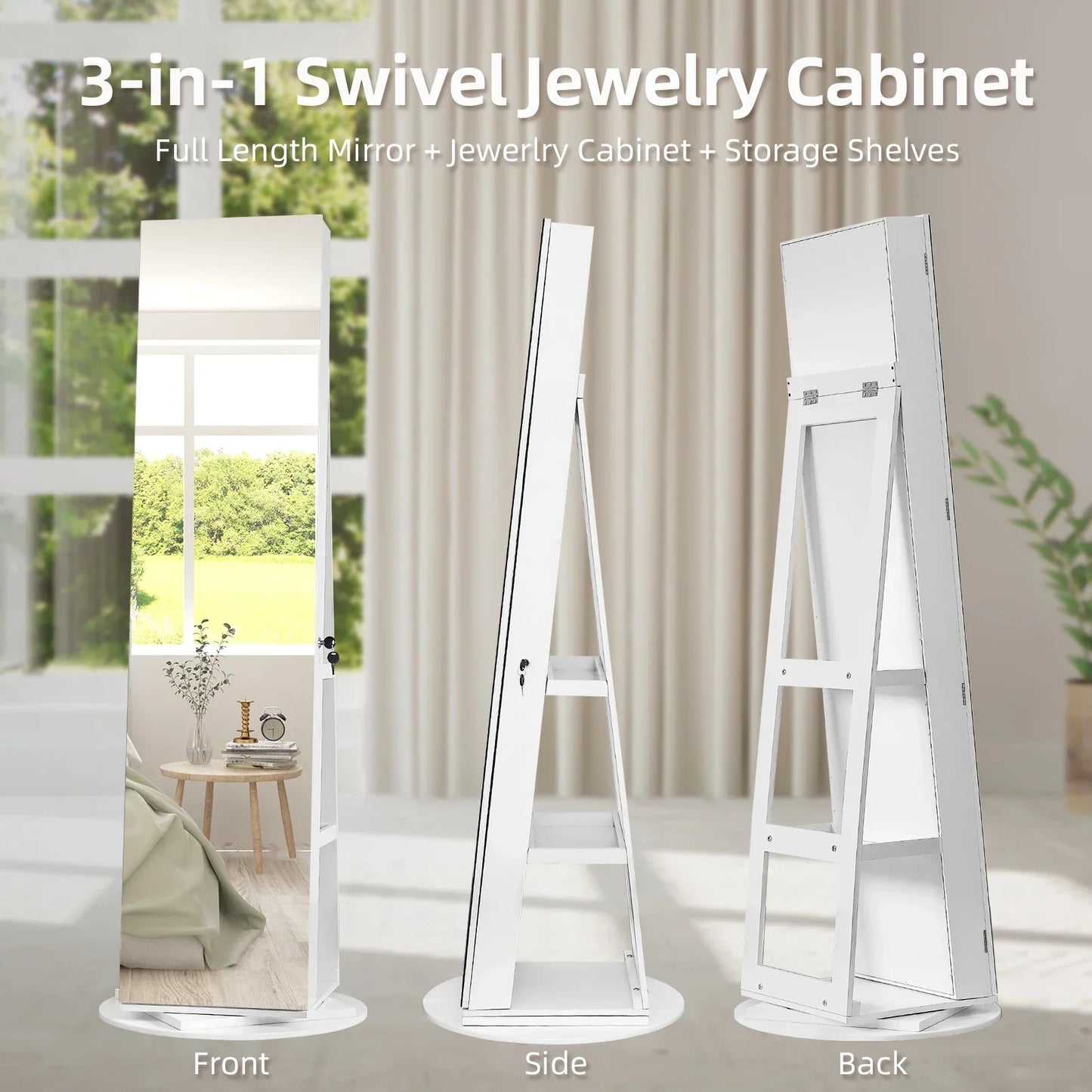 Jewelry Armoire With Mirror Lockable Organizer Shelves