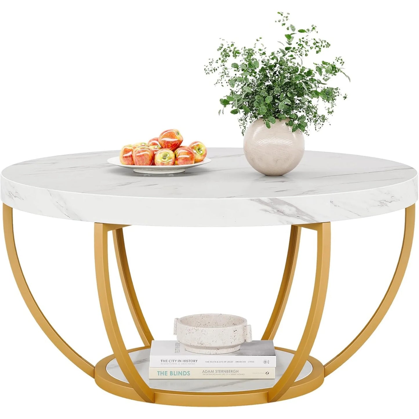 Hign-concerned Faux White Marble Two-Tier Coffee Table With Metal Legs
